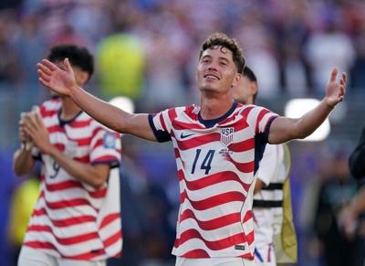 July 1, 2026; Santa Clara, California, U.S.; Sebastian Berhalter of the U.S. celebrates after the match as United States qualify for the round of 16 stage of the World Cup.  Mandatory Credit: David Gonzales-Imagn Images
