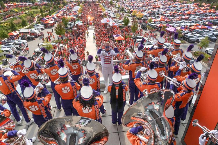 Clemson Tiger Band play during Clemson Tiger Walk before kickoff at Memorial Stadium in Clemson, S.C. Saturday, August 30, 2025.