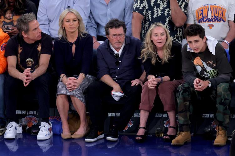 Celebrities sitting court side (left to right) Ben Stiller and Christine Taylor and Michael J. Fox and Tracy Pollan and Timothee Chalamet during Game 1 of the 2026 Eastern Conference finals between the New York Knicks and Cleveland Cavaliers.