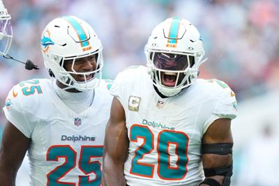Jordyn Brooks #20 of the Miami Dolphins celebrates after a tackle against the Buffalo Bills during the second quarter in the game at Hard Rock Stadium on November 9, 2025, in Miami Gardens, Florida.