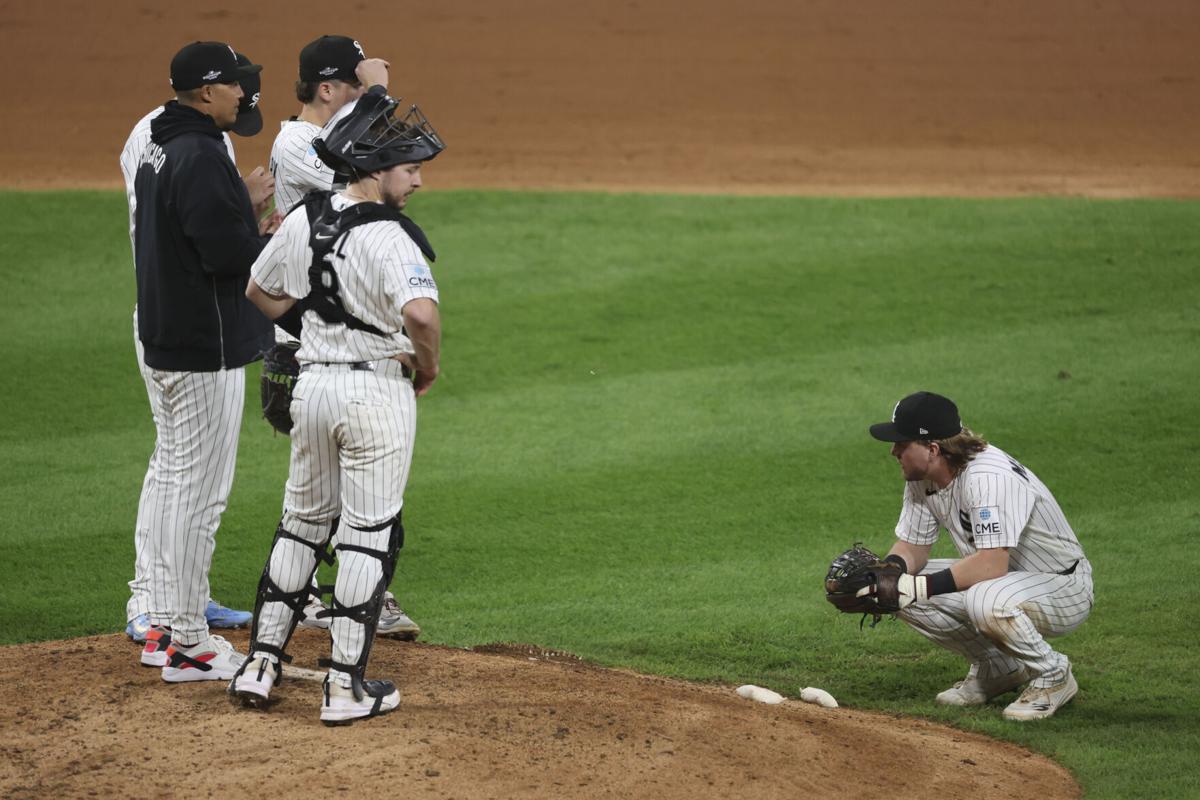 White Sox second baseman Chase Meidroth, right, and teammates wait out a pitching change as the Guardians take the lead in a six-run sixth inning in Game 4 of their AL Division Series on Thursday, Oct. 8, 2026, at Rate Field.