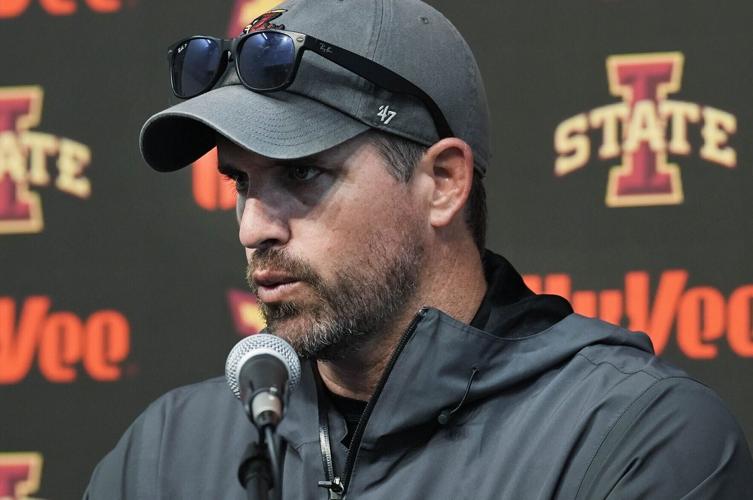 Iowa State football head coach Jimmy Rogers talks to media after first day practice at the university’s Stark Performance Center