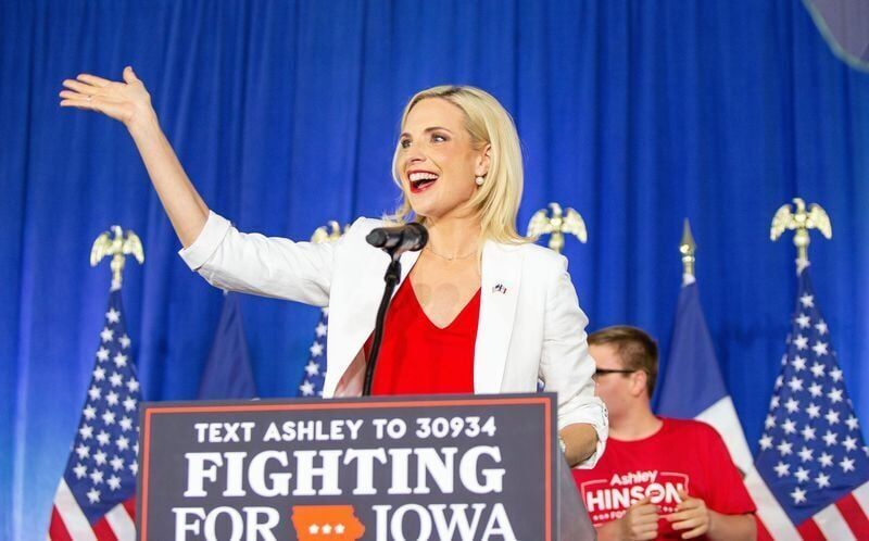 Iowa Republican U.S. Senate candidate and Congresswoman Ashley Hinson reacts to the crowd after winning the Iowa Senate nomination at her watch party at The Hotel at Kirkwood Center in Cedar Rapids, Iowa on Tuesday, June 2, 2026. Hinson will run against...