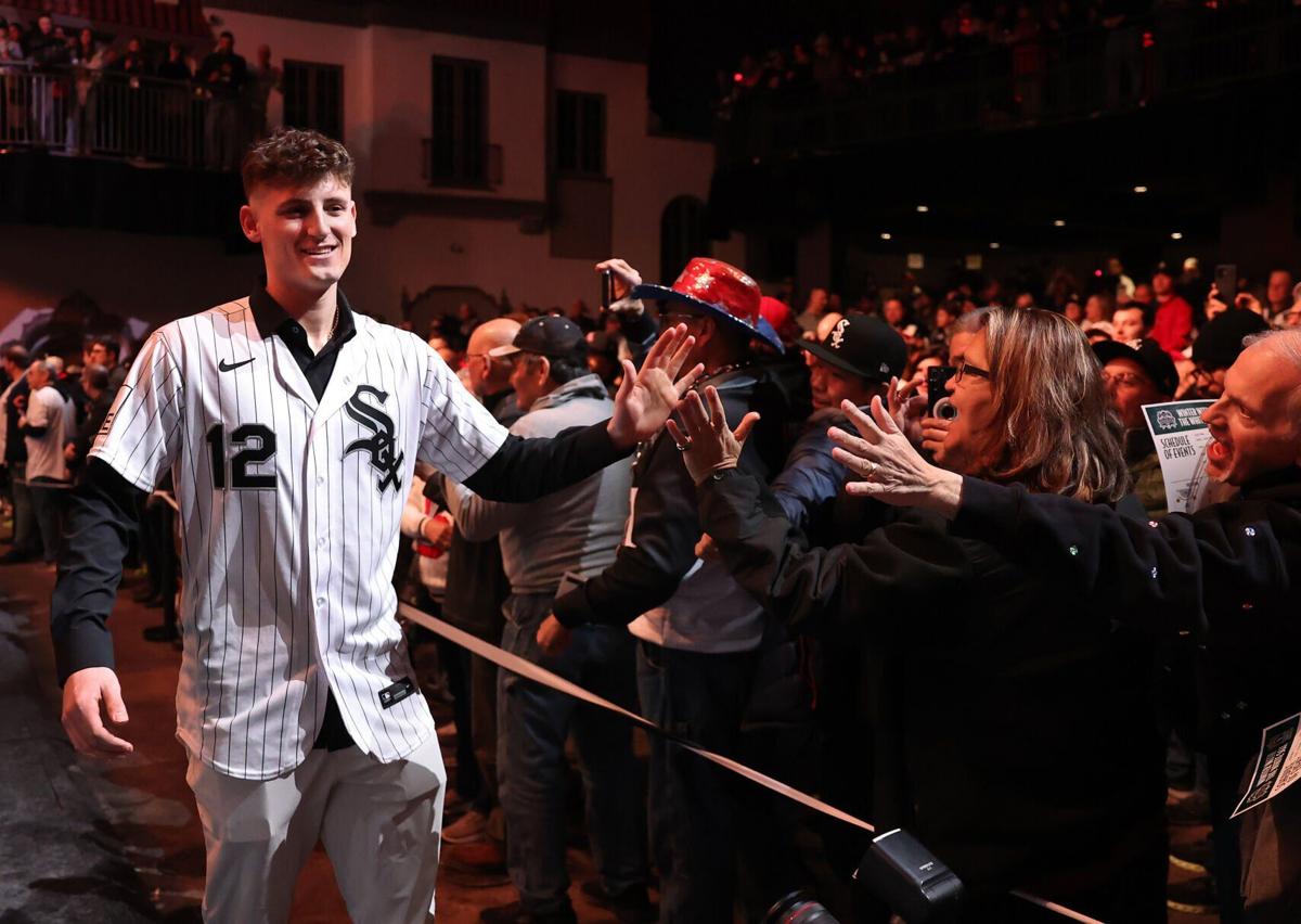 Chicago White Sox shortstop Colson Montgomery is introduced during SoxFest Live at the Ramova Theatre on Friday, Jan. 30, 2026, in the Bridgeport neighborhood of Chicago.