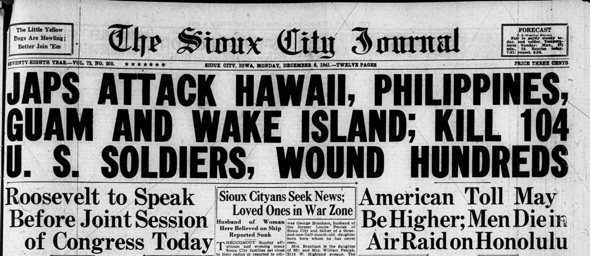 Sioux City Journal, Dec. 8, 1941: Pearl Harbor coverage