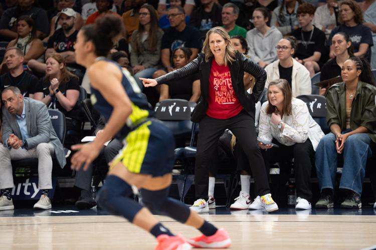 Minnesota Lynx head coach Cheryl Reeve directs play against the Dallas Wings in the second quarter at Target Center.