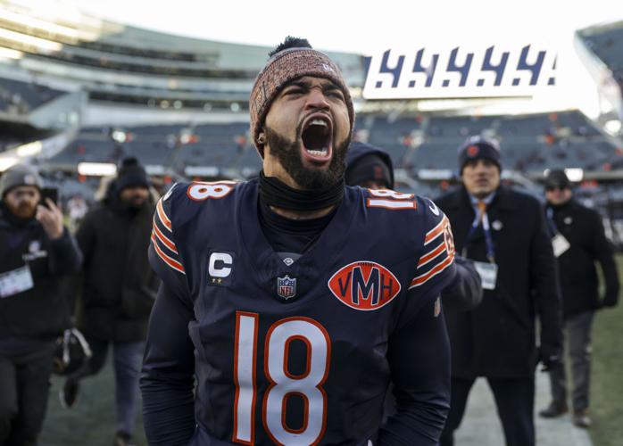 Chicago Bears quarterback Caleb Williams celebrates a win against the Cleveland Browns at Soldier Field on Dec. 14, 2025, in Chicago.