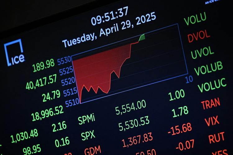 A screen displays trading numbers at the New York Stock Exchange at the opening bell on April 29, 2025, in New York City.