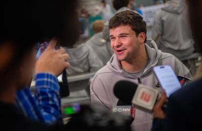 Indiana's Alberto Mendoza answers questions at Media Day during the College Football Playoff on Saturday, Jan. 17, 2026.
