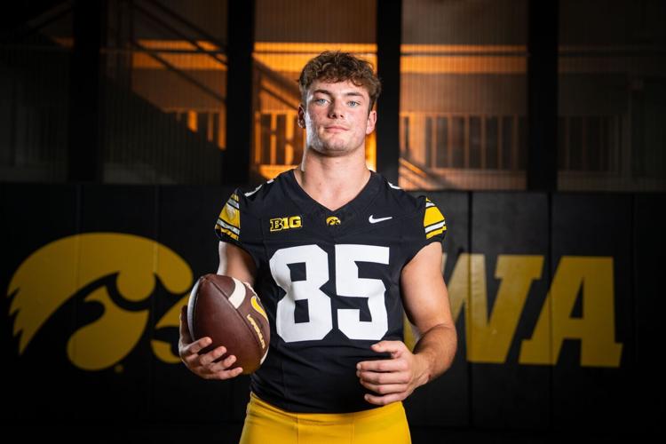 Iowa tight end Thomas Meyer (85) stands for a portrait during Hawkeye football media day, Friday, Aug. 14, 2026, in Iowa City.
