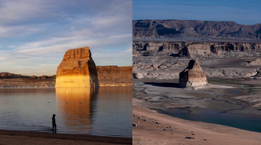 The photo on the left shows Lone Rock, at Lake Powell, in 2007. The photo on the right is from earlier in 2026.