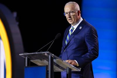 SEC Commissioner Greg Sankey speaks at the SEC Football Media Day at Tampa Marriott Water Street on Monday, July 20, 2026, in Tampa, Fla..