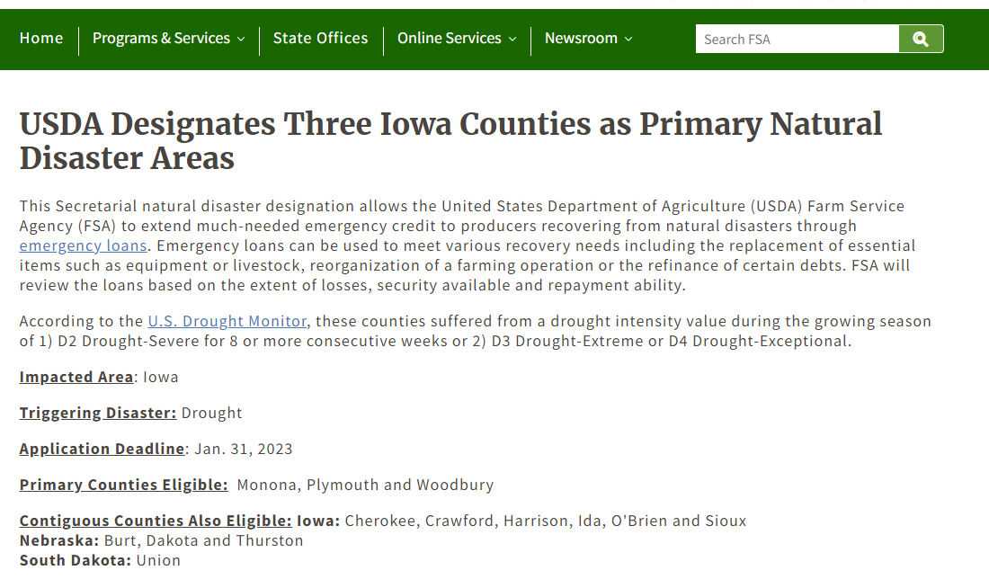 USDA natural disaster area designation