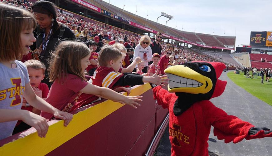 Iowa State Fans cheer as greeting by Cy during Spring football at Jack Trice Stadium on April 25, 2026, in Ames, Iowa