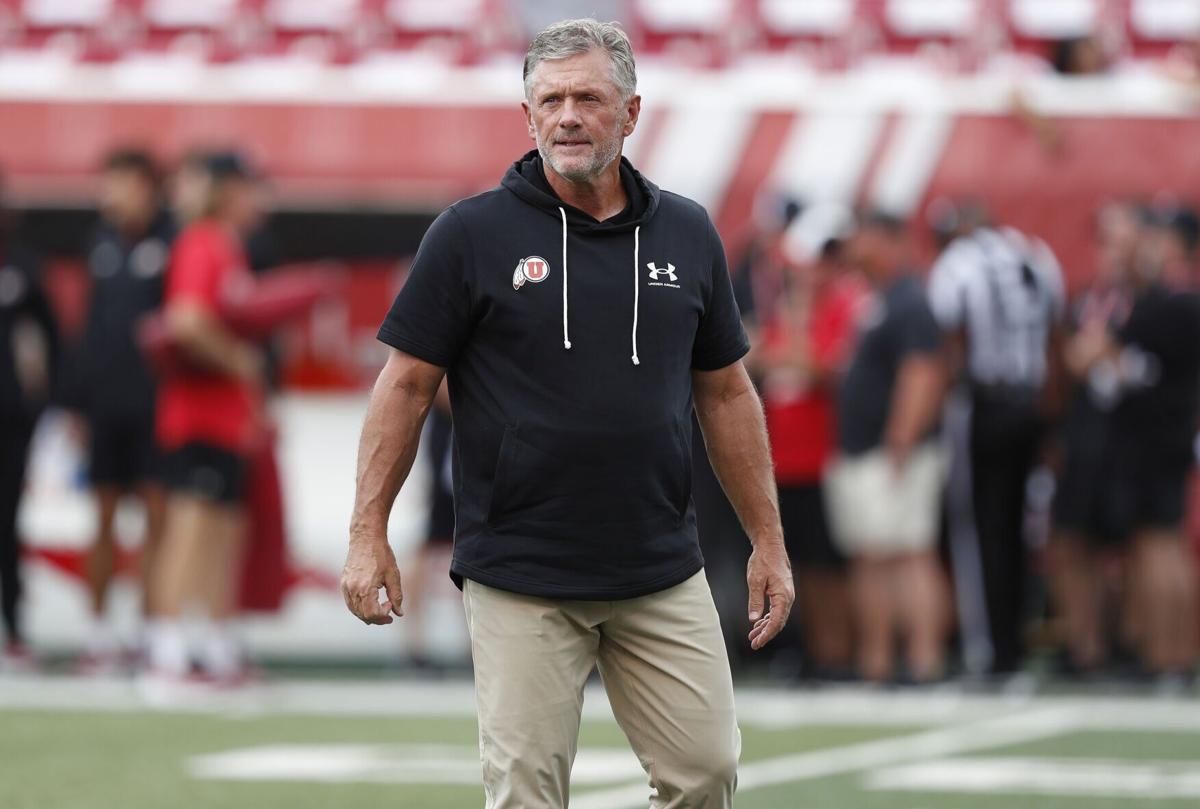 Utah head coach Kyle Whittingham watches over warm-ups before a game against Cal Poly at Rice-Eccles Stadium on Sept. 6, 2025, in Salt Lake City, Utah.