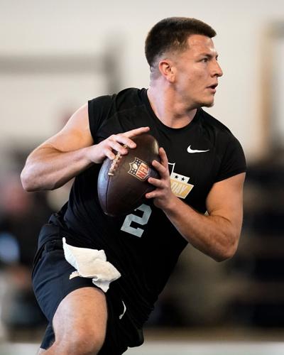 Vanderbilt quarterback Diego Pavia gets into passing position during football pro day at Vanderbilt University in Nashville,