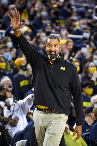 Head coach Juwan Howard of the Michigan Wolverines reacts against the Ohio State Buckeyes during the first half at Crisler Arena on Feb. 12, 2022 in Ann Arbor, Michigan.