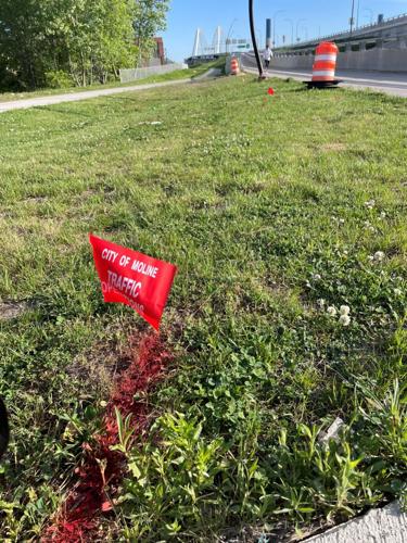 Traffic markers at I-74 Bridge pedestrian path