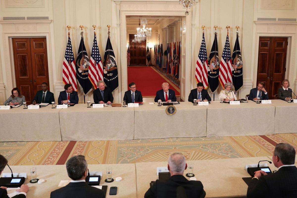 U.S. President Donald Trump speaks during a roundtable discussion on college sports in the East Room of the White House on Friday, March 6, 2026, in Washington, D.C..