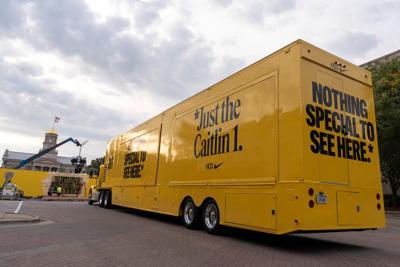 A vehicle advertising Caitlin Clark’s soon-to-be-released Caitlin 1 shoes is pictured Sept. 29, 2026 in downtown Iowa City,