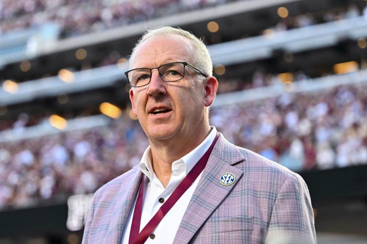 Oct 11, 2025; College Station, Texas, USA; SEC Commissioner Greg Sankey walks on the field prior to the game between the Texas A&M Aggies and the Florida Gators at Kyle Field. Mandatory Credit: Maria Lysaker-Imagn Images