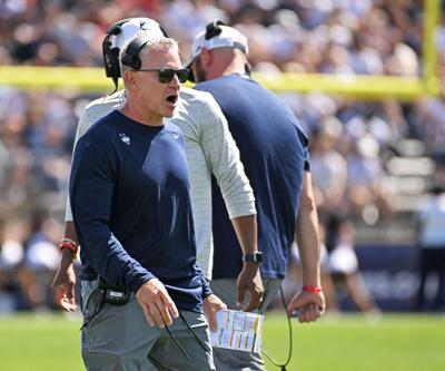 UConn head coach Jason Candle gives instruction to his players in the first quarter against Lafayette at Rentschler Field on Sept. 5, 2026, in East Hartford, Connecticut.