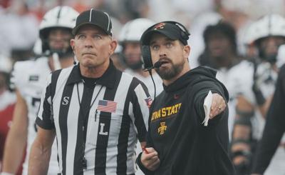 Iowa State coach Jimmy Rogers argues a call with an official during the fourth quarter against Utah on Sept. 26, 2026, at Jack Trice Stadium in Ames, Iowa.