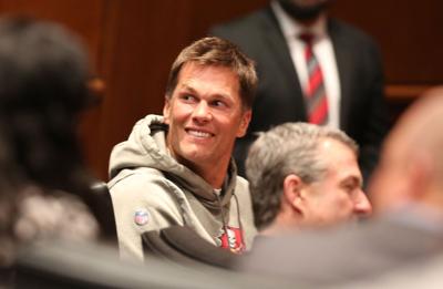 Tampa Bay Buccaneers quarterback Tom Brady attends a press conference where former head coach Bruce Arians and new head coach Todd Bowles spoke on Thursday, March 31, 2022, at the AdventHealth Training Center in Tampa, Florida.