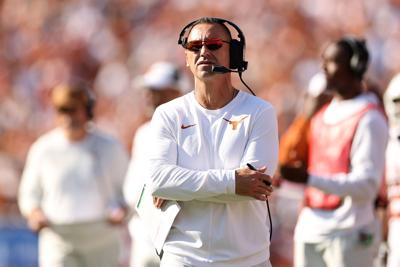 Texas head coach Steve Sarkisian works the sideline against Oklahoma at the Cotton Bowl on Saturday, Oct. 10, 2026, in Dallas.