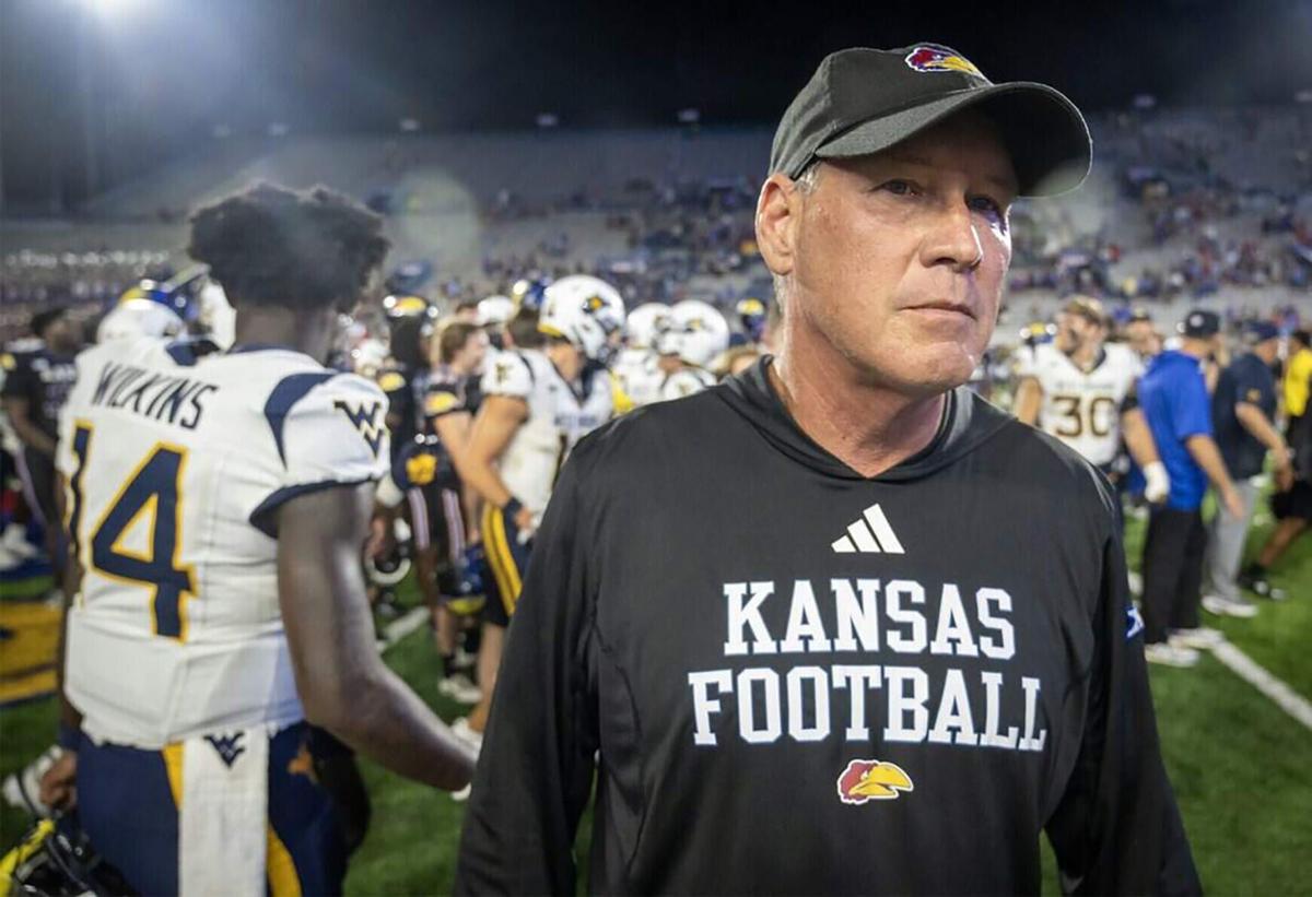 Kansas head coach Lance Leipold leaves the field after the Jayhawks defeated West Virginia, 41-10, at David Booth Kansas Memorial Stadium on Sept. 20, 2025, in Lawrence, Kan..