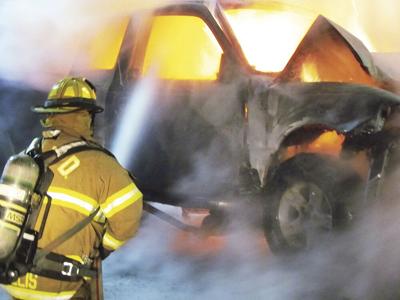 Battling pickup fire after collision