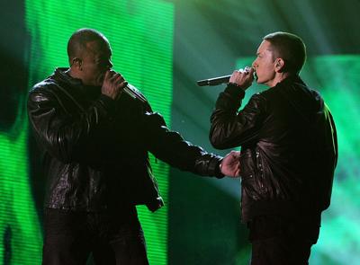 Rappers Dr. Dre and Eminem perform onstage during the 53rd Annual GRAMMY Awards held at Staples Center on Feb. 13, 2011 in Los Angeles, California.