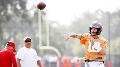 Tampa Bay Buccaneers quarterback Tom Brady participates in the joint practice with the Miami Dolphins during training camp on Aug. 10, 2022, at the AdventHealth Training Center in Tampa, Florida.