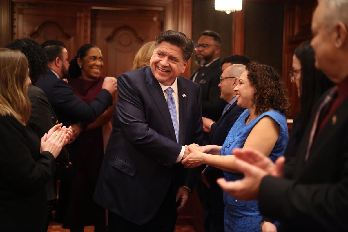 JB Pritzker arrives for his annual State of the State and budget address on Wednesday, Feb. 18, 2026, at the Illinois State Capitol in Springfield, Illinois.