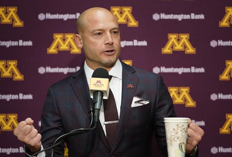 Minnesota head coach P.J. Fleck speaks during a news conference after agreeing to a new seven-year contract that will keep him with the program through the 2028 season, at the University of Minnesota on Wednesday, Nov. 3, 2021, in Minneapolis.