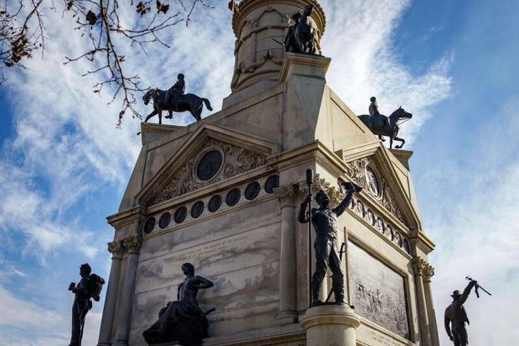 The Soldiers and Sailors Monument dedicated to Iowans who served in the Civil War sits on the grounds of the Iowa Capitol in Des Moines.