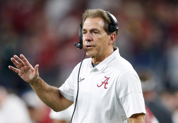 Dec 31, 2015; Arlington, TX, USA; Alabama Crimson Tide head coach Nick Saban reacts in the third quarter against the Michigan State Spartans in the 2015 CFP semifinal at the Cotton Bowl at AT&T Stadium. Mandatory Credit: Matthew Emmons-USA TODAY Sports