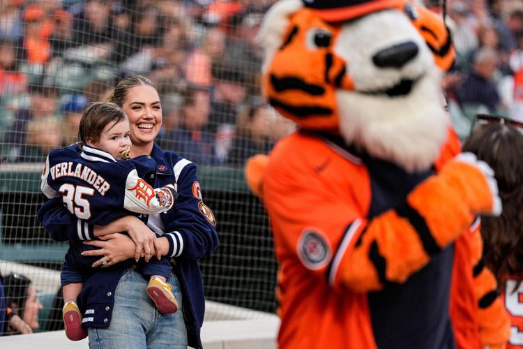 Kate Upton and Bellamy Brooks Verlander wait for the beginning of Justin Verlander career celebration ahead of the game between