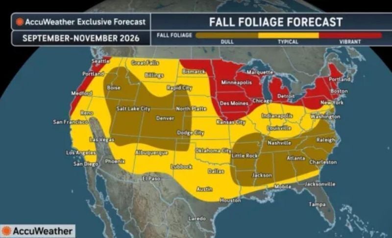 A map of fall foliage forecast across the U.S. in 2026.