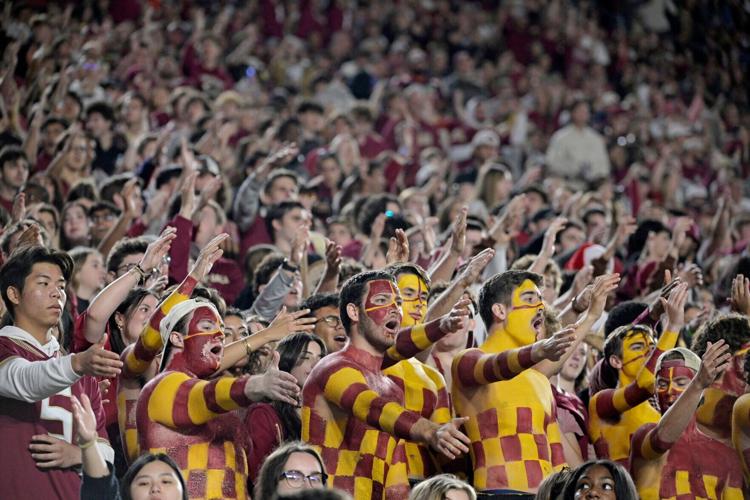 Nov 15, 2025; Tallahassee, Florida, USA; Florida State Seminoles fans during the fourth quarter against the Virginia Tech Hokies at Doak S. Campbell Stadium. Mandatory Credit: Melina Myers-Imagn Images