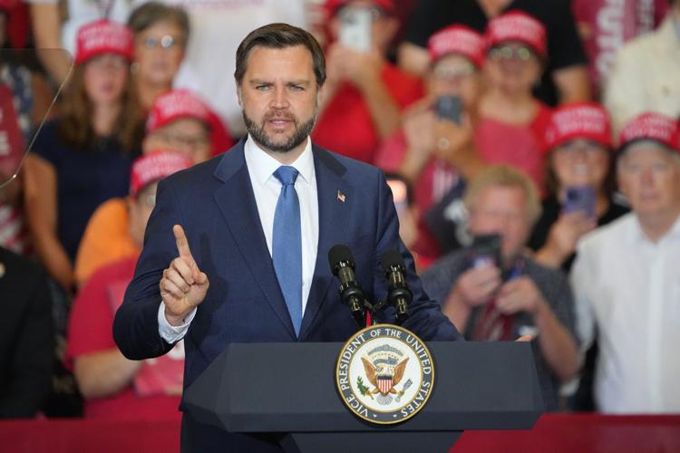 Vice President JD Vance campaigns for Iowa Republican candidates during a midterm rally in Council Bluffs, Friday, September 18,