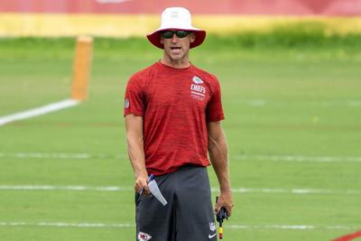 Kansas City Chiefs passing game coordinator Joe Bleymaier yells during practice at training camp on July 31, 2026, in St. Joseph, Missouri.