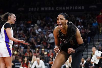 Las Vegas Aces forward Aja Wilson (22) reacts during the second quarter against the Los Angeles Sparks at Michelob Ultra Arena.