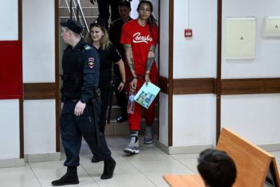 US WNBA basketball superstar Brittney Griner arrives to a hearing at the Khimki Court, outside Moscow on July 7, 2022.- Griner, a two-time Olympic gold medallist and WNBA champion, was detained at Moscow airport in February on charges of carrying in her...