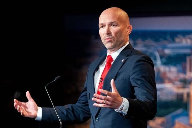 Iowa Republican gubernatorial candidate Adam Steen participates in a debate hosted by Iowa PBS on April 28, 2026, in Johnston, Iowa.