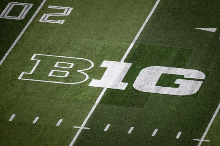 A patchwork of turf surrounds the Big Ten logo where it replaced the Pac-12 logo on the field at Autzen Stadium Saturday, Aug. 31, 2024 in Eugene, Ore.