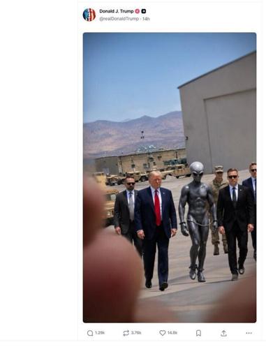 President Trump shared an AI-generated image showing the president walking beside an alien wearing shackles on its hands and feet, though a closer look suggests the restraints on its wrists were not actually connected.
