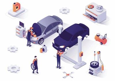 Isometric Banner with Car Repair Process in Garage
