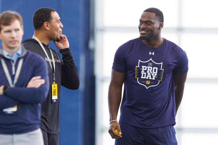 Running back Jeremiyah Love, right, during Notre Dame football's Pro Day at Irish Athletic Center on Tuesday, March 24, 2026, in
