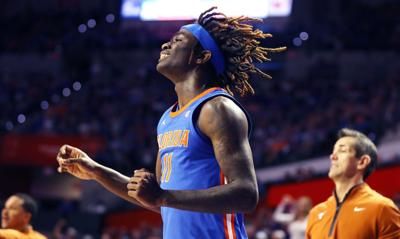 Florida guard Denzel Aberdeen celebrates during the Texas at Florida NCAA basketball game at the O’ Connell Center in Gainesville on Saturday, Jan. 18, 2025.